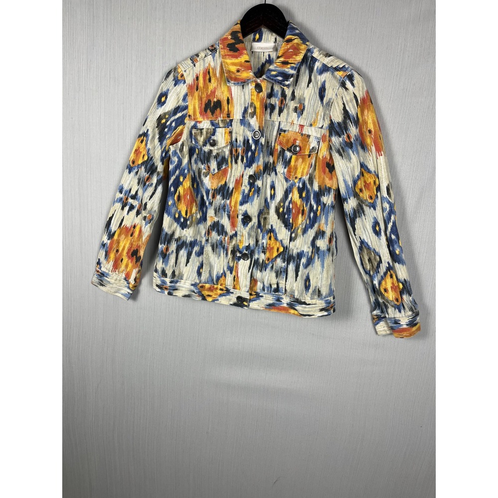 Chico's Multicolor Jacket Sz 0 Ikat Abstract Print Linen‎ Cotton Button Up Boho